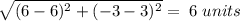 \sqrt{(6-6)^2+(-3-3)^2} =\;6\;units