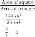 \dfrac{\text{Area of square}}{\text{Area of triangle}}\\\\=\dfrac{144\ in^2}{36\ in^2}\\\\=\dfrac{4}{1}=4