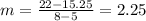 m =\frac{22-15.25}{8-5}=2.25