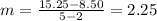 m =\frac{15.25-8.50}{5-2}=2.25