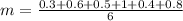m=\frac{0.3+0.6+0.5+1+0.4+0.8}{6}
