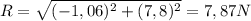 R = \sqrt{(-1,06)^2+(7,8)^2} = 7,87N