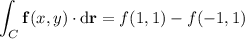 \displaystyle\int_C\mathbf f(x,y)\cdot\mathrm d\mathbf r=f(1,1)-f(-1,1)