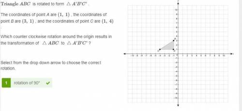 Triangle abc is rotated to form  △a'b'c' . the coordinates of point a are (1, 1) , the coordinates o