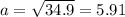 a=\sqrt{34.9}=5.91