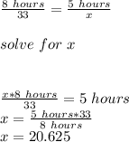 \frac{8\ hours}{33}=\frac{5\ hours}{x}\\\\solve\ for\ x\\\\\\\frac{x*8\ hours}{33}=5\ hours\\x=\frac{5\ hours*33}{8\ hours} \\x=20.625\\\\