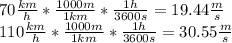 70\frac{km}{h}*\frac{1000m}{1km}*\frac{1h}{3600s}=19.44\frac{m}{s}\\110\frac{km}{h}*\frac{1000m}{1km}*\frac{1h}{3600s}=30.55\frac{m}{s}