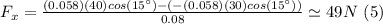 F_{x}=\frac{(0.058)(40)cos(15\text{\textdegree})-(-(0.058)(30)cos(15\text{\textdegree}))}{0.08}\simeq49N\,\,(5)