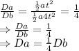 \frac{Da}{Db}=\frac{\frac{1}{2}at^2}{\frac{1}{2}a4t^2}=\frac{1}{4}\\\Rightarrow \frac{Da}{Db}=\frac{1}{4}\\\Rightarrow Da=\frac{1}{4}Db