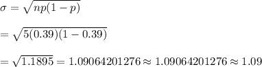\sigma=\sqrt{np(1-p)}\\\\=\sqrt{5(0.39)(1-0.39)}\\\\=\sqrt{1.1895}=1.09064201276\approx1.09064201276\approx1.09