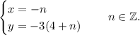 {\displaystyle {\begin{cases}x=-n}\\y=-3(4+n)}\end{case}\quad n\in \mathbb {Z} .}