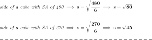 \bf \textit{side of a cube with SA of 480}\implies s=\sqrt{\cfrac{480}{6}}\implies s=\sqrt{80}&#10;\\\\\\&#10;\textit{side of a cube with SA of 270}\implies s=\sqrt{\cfrac{270}{6}}\implies s=\sqrt{45}\\\\&#10;-------------------------------\\\\