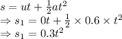s=ut+\frac{1}{2}at^2\\\Rightarrow s_1=0t+\frac{1}{2}\times 0.6\times t^2\\\Rightarrow s_1=0.3t^2