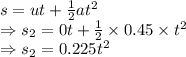s=ut+\frac{1}{2}at^2\\\Rightarrow s_2=0t+\frac{1}{2}\times 0.45\times t^2\\\Rightarrow s_2=0.225t^2