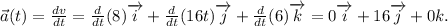\vec{a}(t)=\frac{dv}{dt}=\frac{d}{dt}(8)\overrightarrow{i}+\frac{d}{dt}(16t)\overrightarrow{j}+\frac{d}{dt}(6)\overrightarrow{k}=0\overrightarrow{i}+16\overrightarrow{j}+0\overrrighatarrow{k}.
