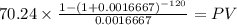70.24 \times \frac{1-(1+0.0016667)^{-120} }{0.0016667} = PV\\