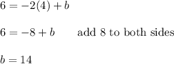 6=-2(4)+b\\\\6=-8+b\qquad\text{add 8 to both sides}\\\\b=14