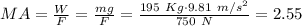 MA= \frac{W}{F}= \frac{mg}{F}= \frac{195~Kg\cdot 9.81~m/s^2}{750~N}=2.55