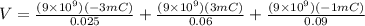 V = \frac{(9\times 10^9)(-3 mC)}{0.025} + \frac{(9\times 10^9)(3 mC)}{0.06} + \frac{(9\times 10^9)(-1 mC)}{0.09}