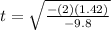 t=\sqrt{\frac{-(2)(1.42)}{-9.8}}