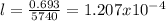 l=\frac{0.693}{5740}=1.207x10^{-4}