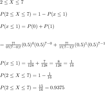 2\leq X\leq 7\\\\P(2\leq X\leq 7) = 1- P(x\leq 1)\\\\P(x\leq 1) = P(0) + P(1)\\\\\\= \frac{7!}{0!(7-0)!}(0.5)^0(0.5)^{7-0} + \frac{7!}{1!(7-1)!}(0.5)^1(0.5)^{7-1}\\\\\\P(x\leq 1) = \frac{1}{128} + \frac{7}{128} = \frac{8}{128} = \frac{1}{16}\\\\P(2\leq X\leq 7) = 1- \frac{1}{16}\\\\P(2\leq X\leq 7) = \frac{15}{16} = 0.9375