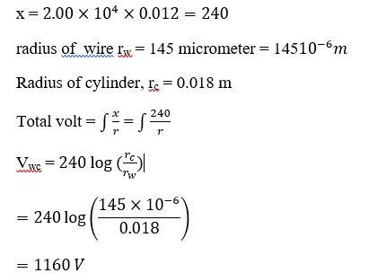 What potential difference vwc between the wire and the cylinder produces an electric field of 2.00ã1
