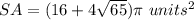 SA=(16+4\sqrt{65})\pi\ units^{2}