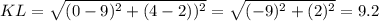 KL=\sqrt{(0-9)^2+(4-2))^2}=\sqrt{(-9)^2+(2)^2}=9.2
