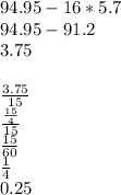 94.95-16*5.7\\94.95-91.2\\3.75\\\\\frac{3.75}{15}\\\frac{\frac{15}{4}}{15}\\\frac{15}{60}\\\frac{1}{4}\\0.25
