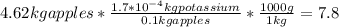 4.62kgapples*\frac{1.7*10^{-4}kgpotassium}{0.1kgapples}*\frac{1000g}{1kg}=7.8
