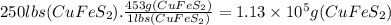 250lbs(CuFeS_{2}).\frac{453g(CuFeS_{2})}{1lbs(CuFeS_{2})} =1.13 \times 10^{5} g(CuFeS_{2})