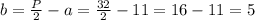 b=\frac{P}{2}-a=\frac{32}{2}-11=16-11=5