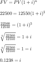 FV= PV(1+i)^n\\\\22500=12550(1+i)^5\\\\\frac{22500}{12550}=(1+i)^{5}\\ \\\sqrt[5]{\frac{22500}{12550} }=1+i \\\\\sqrt[5]{\frac{22500}{12550} }-1=i\\\\0.1238=i\\\\