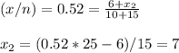 (x/n)=0.52=\frac{6+x_2}{10+15}\\\\x_2=(0.52*25-6)/15=7