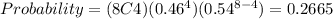 Probability=(8C4)( 0.46^{4} )( 0.54^{8-4} )=0.2665