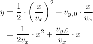 \begin{aligned} y &= \frac{1}{2}\cdot \left(\frac{x}{v_x}\right)^{2} + v_{y, 0} \cdot \frac{x}{v_x}\\&= \frac{1}{2v_x}\cdot x^{2} + \frac{v_{y, 0}}{v_x}\cdot x\end{aligned}