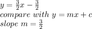 y=\frac{3}{2} x-\frac{3}{2} \\compare ~with~y=mx+c\\slope~m=\frac{3}{2}