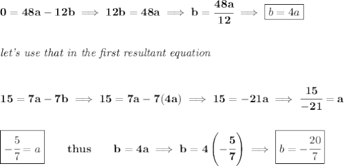 \bf 0=48a-12b\implies 12b=48a\implies b=\cfrac{48a}{12}\implies \boxed{b=4a}&#10;\\\\\\&#10;\textit{let's use that in the first resultant equation}&#10;\\\\\\&#10;15=7a-7b\implies 15=7a-7(4a)\implies 15=-21a\implies \cfrac{15}{-21}=a&#10;\\\\\\&#10;\boxed{-\cfrac{5}{7}=a}\qquad thus\qquad b=4a\implies b=4\left( -\cfrac{5}{7} \right)\implies \boxed{b=-\cfrac{20}{7}}