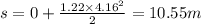 s=0+\frac{1.22\times 4.16^2}{2}=10.55 m
