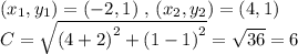 \left (x_1,y_1 \right )=\left ( -2,1 \right )\,,\,\left ( x_2,y_2 \right )=\left ( 4,1 \right )\\C=\sqrt{\left ( 4+2 \right )^2+\left ( 1-1 \right )^2}=\sqrt{36}=6