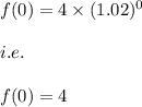 f(0)=4\times (1.02)^0\\\\i.e.\\\\f(0)=4