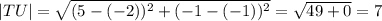 |TU|= \sqrt{ (5-(-2))^{2} + (-1-(-1))^{2} }=\sqrt{ 49 + 0}=7