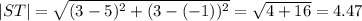 |ST|= \sqrt{ (3-5)^{2} + (3-(-1))^{2} }=\sqrt{ 4+16}=4.47