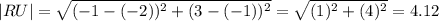 |RU|= \sqrt{ (-1-(-2))^{2} + (3-(-1))^{2} }=\sqrt{ (1)^{2} + (4)^{2} }=4.12