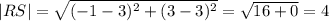 |RS|= \sqrt{ (-1-3)^{2} + (3-3)^{2}}=\sqrt{ 16 + 0}=4