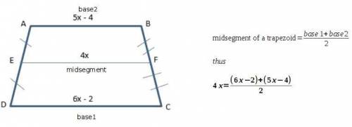 20 points if you  !   solve for ef in trapezoid abcd 5x - 4 4x 6x - 2