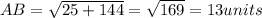 AB=\sqrt{25+144}=\sqrt{169}=13 units