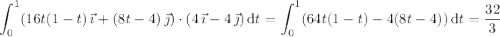 \displaystyle\int_0^1(16t(1-t)\,\vec\imath+(8t-4)\,\vec\jmath)\cdot(4\,\vec\imath-4\,\vec\jmath)\,\mathrm dt=\int_0^1(64t(1-t)-4(8t-4))\,\mathrm dt=\frac{32}3