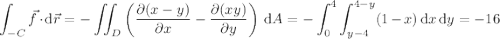 \displaystyle\int_{-C}\vec f\cdot\mathrm d\vec r=-\iint_D\left(\frac{\partial(x-y)}{\partial x}-\frac{\partial(xy)}{\partial y}\right)\,\mathrm dA=-\int_0^4\int_{y-4}^{4-y}(1-x)\,\mathrm dx\,\mathrm dy=-16